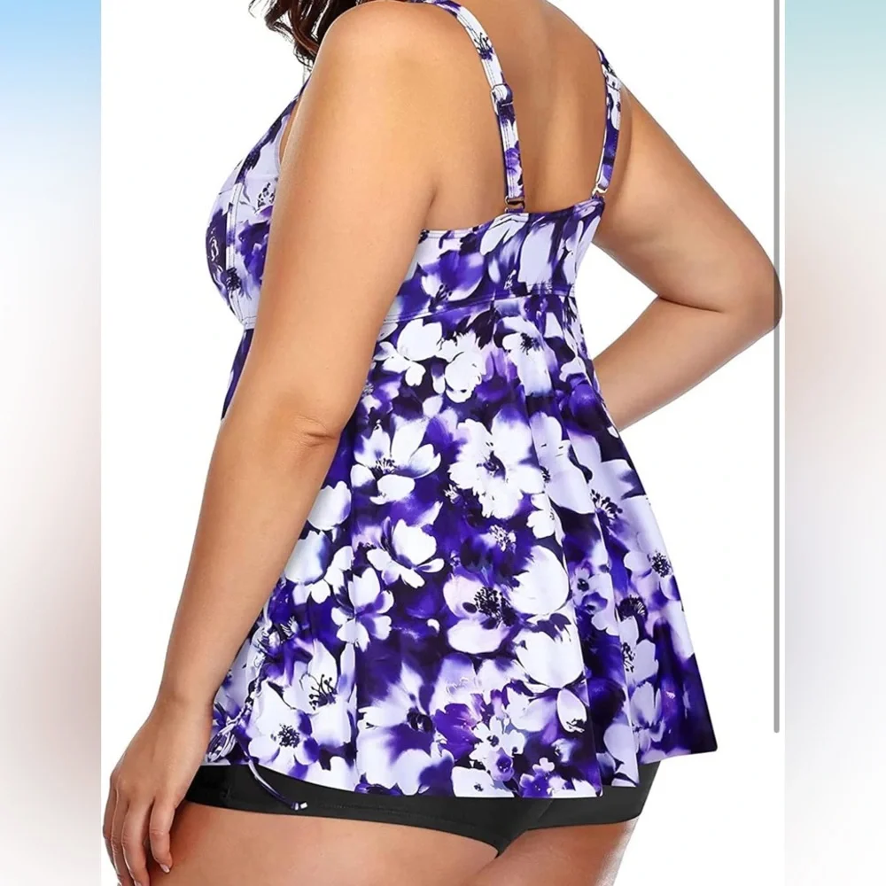 Aqua Eve Women Plus Size Tankini Swimsuit Two Piece Flowy Swimdress Swim Shorts - Picture 3 of 6
